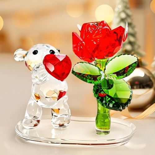 H&D HYALINE & DORA Kristallbär-Herz und rote Rose, Kristall-Tierfigur, Sammlerstück, geschliffenes Glas, Kunsthandwerk, Ornament mit Glassockel für Zuhause, Tischdekoration, Frauen, in Geschenkbox