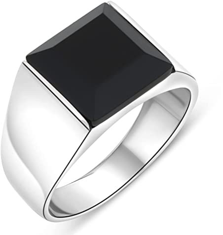 Siegelring Onyx Stein Schwarz 925er Sterling Silber Rhodiniert Anlaufgeschützt für Damen und Herren 56 (17,8 mmØ)
