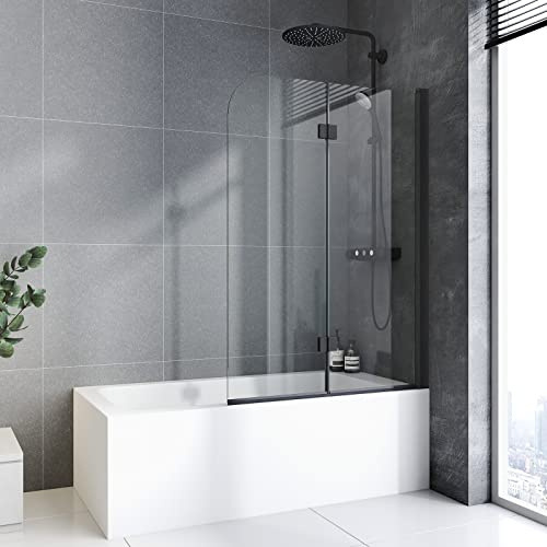 BD-Baode Duschkabine/Duschabtrennung für Badewanne 120x140cm, Schwarz-matt, Faltbar, Nano Easy Clean Glas, Beidseitig Montierbar, Modern, Freistehend