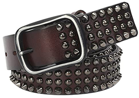 YOPADO Nietengürtel Pyramide Niete in Rund Punk Rock Goth Metall Nieten Rindsleder Gürtel Für Damen/Herren Zubehör Für Jeans Hosen(105cm/waist:34~36, Coffee)