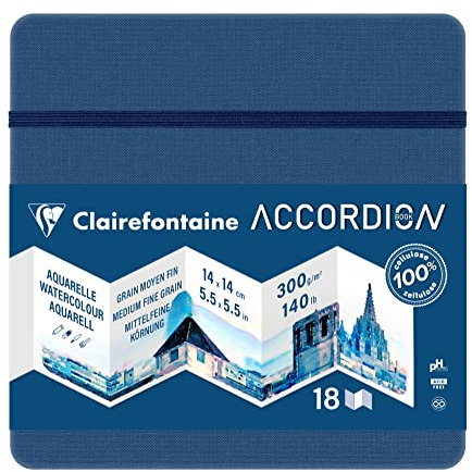 Clairefontaine 975970C - Akkordeon-Zeichenbuch ideal für die Aquarell, 14x14cm, 300g mittelfeine Körnung, 10 Seiten, ideal für Landschaften, 1 Stück