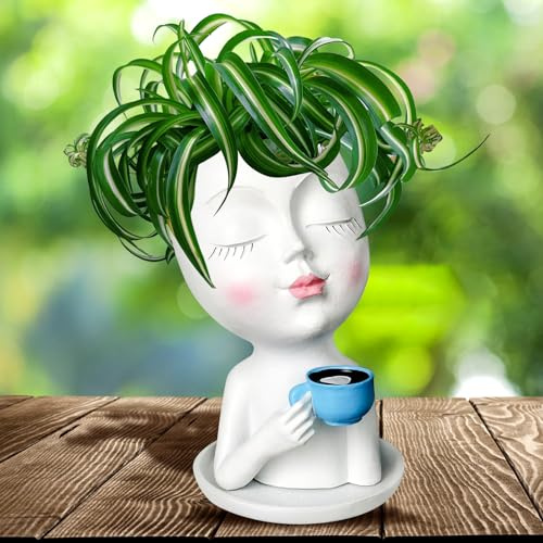 Toparad Pots de Fleurs en Forme de tête de Visage - Joli Vase pour Plantes Grasses - Cadeau Unique avec Trou de Drainage et Plateau pour la Maison, Le Jardin, Les Cactus (Blanc)