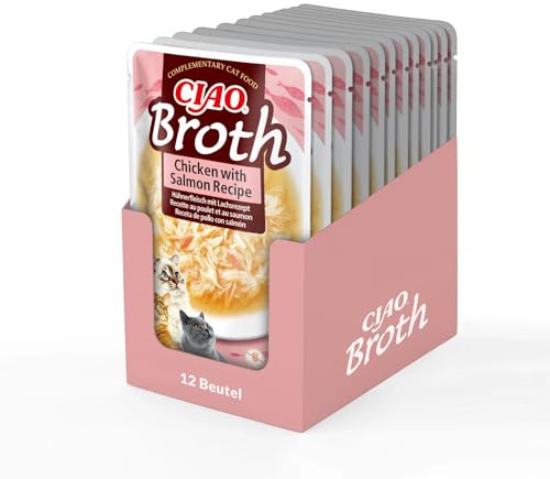 Ciao Broth by INABA Wet Cat Food - Chicken with Salmon - 12 Packs (480g total) / Moist Treat, Delicious & Healthy Snack, Food Topper, Side Dish, Complement, Natural, Grain Free, Wet Cat Food