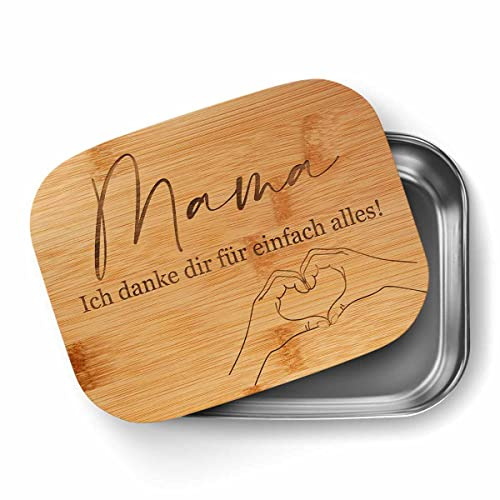 CHRISCK design Individuelle Brotdose mit Gravur - Geschenk Muttertag für Mama - Geburtstagsgeschenk für die beste Mutter - Edelstahl Brotdose mit Holzdeckel personalisiert - Brotzeitbox