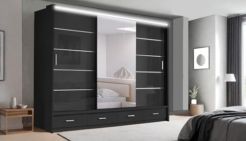 German Sliding Wardrobe Spacious Bedroom Sliding Wardrobe - Sleek and Functional Design comes in White/Grey/Black and Width 205cm/256cm. (Black, 256cm)