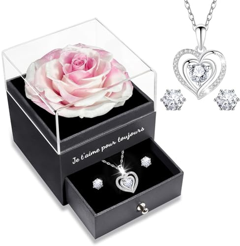 Sunia Rose Eternelle avec Bijoux Argent 925,Collier Coeur Boucles d'oreilles,Coffret Cadeau Femme,Rose Préservée avec Collier,Cadeau Anniversaire Femme,Amour Cadeau,Fete des Meres,Noël,Saint-Valentin