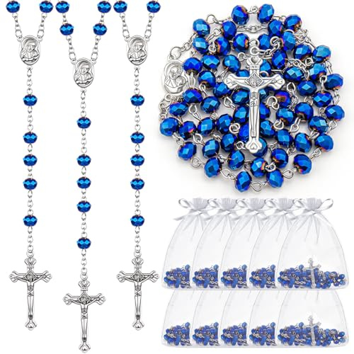 ROCEEI 12/24 Set Catholic Rosary Beads Necklace Bulk with Jesus Crucifix Catholic Rosary Prayer Gifts with White Organza Bags