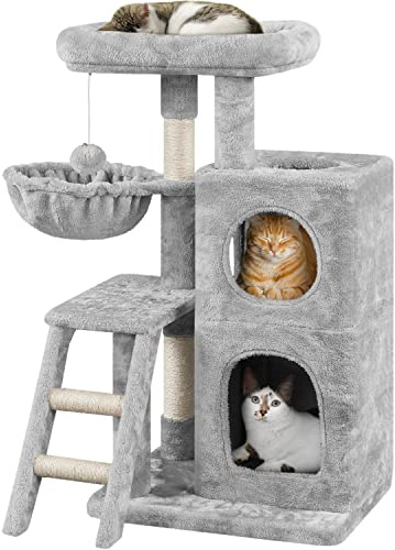 Yaheetech 94 cm Cat Tree with 2 Condos & Scratching Posts, Light Grey | Cat Tower for Indoor Cats, Cat Condo Activity Centre, Oversized Perch & Hammock & Ladder