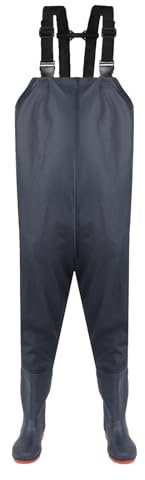 Pantaloni da pesca da uomo con stivali, impermeabili, per attività all'aria aperta, impermeabili, da trekking, lunghi, da lavoro, con bretelle per host, foderati, grigio scuro, 44