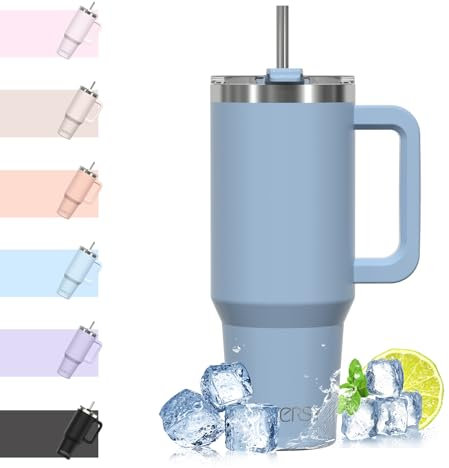 WATERSY Travel Mug Coffee Cup 40oz Tumbler Straw Lid and Handle, Stainless Steel Double Wall Vacuum Insulated Coffee Water Bottle Thermal for Cold Hot Coffee 1182ml Smog Blue