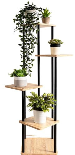 KROWN - Soporte de Acero Negro y Madera para Cinco Macetas, Ideal para Exhibir Plantas Decorativas
