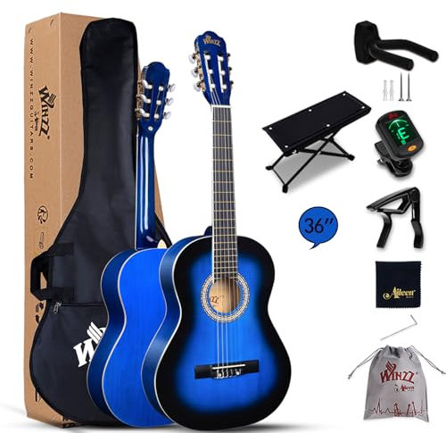 Winzz Konzertgitarre 3/4, Klassische Gitarre Anfänger Set für Kinder - Blau Glänzend (36 Zoll)