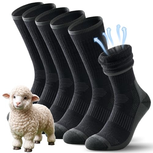 TANSTC Merino Wool Thermal Socks for Men-Winter Thick Warm Crew Hiking Socks Cushion Moisture Wicking Breathable Walking Outdoor Socks 3 Pairs,Black,L