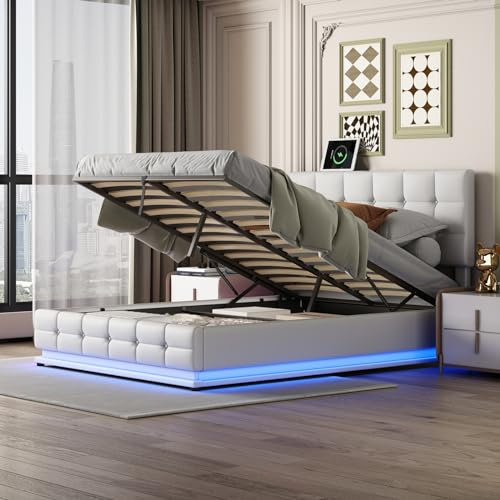 UIYIHIF Gepolstertes LED Bettgestell 140x200 cm Hydraulisch Hebebett mit Stauraum und Holzlattenstütze, Plattformbett, Kunstleder, Weiß