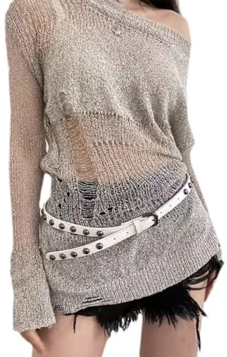 Shntig Runder Nietengürtel Metall Punk Rock Nietengürtel Punk PU Gürtel Fäden Nietengürtel mit Nieten für Damen, weiß, M