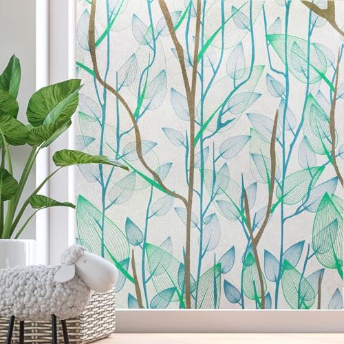 Zindoo Vinilos para Cristales Vinilo Adhesivo Cristal Plantas Verdes 44.5 × 200cm Proteger la Privacidad Anti UV Decorativo para Dormitorio, Sala, Comedor, Cocina