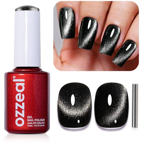 Ozzeal Vernis à ongles gel noir œil de chat, 15 ml, noir, magnétique, UV, pour les yeux de chat, holographique Shimmer - Soak Off UV LED