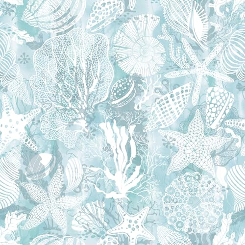 Livelynine 17.5x276 Blue Coastal Wallpaper Peel and Stick Self Adhesive Contact Paper Decorative Removable Light Blue and White Wallpaper for Bathroom Bedroom Walls Kids Room Under The Sea Shell