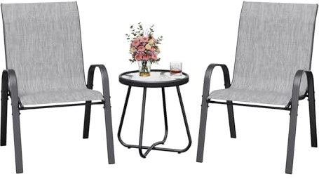 Amopatio Garden Stackable Chairs and Table, Outdoor Bistro Set, 3 Piece Garden Furniture Sets for Balcony, Porch, Backyard, Gray