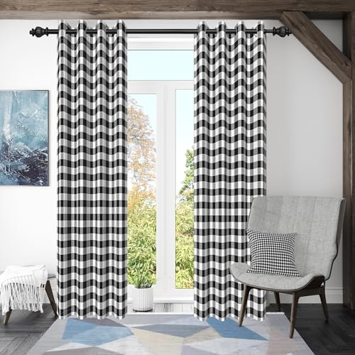 ggaimwf 117x183cm Plaid Ötenvorhang Buffalo Check Schwarz und Weiß Gingham Quadrate Muster Bauernhaus Privatsphäre Thermal Grommet Blackout Fenstervorhänge für Schlafzimmer Wohnzimmer,2 paneel