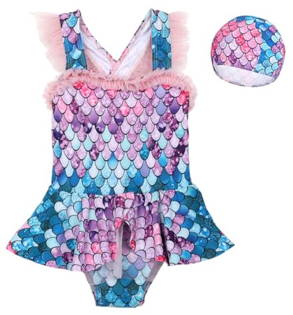 Costume da Bagno per Ragazze, Costumi da Bagno Interi, Costume da Bagno a Sirena, Resistente, Confortevole e alla Moda, Bikini da Spiaggia, Costume Piscina Bambina, con cuffia da piscina