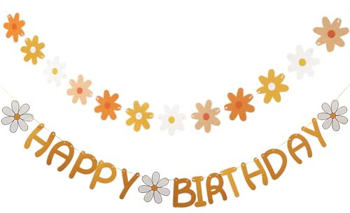 2 Streifen Happy Birthday Blumen Banner Set Gänseblümchen Blume Party Banner Girlande Papier Happy Birthday Hängeschild Gänseblümchen Motto Party Dekorationen für Kinder Erwachsene