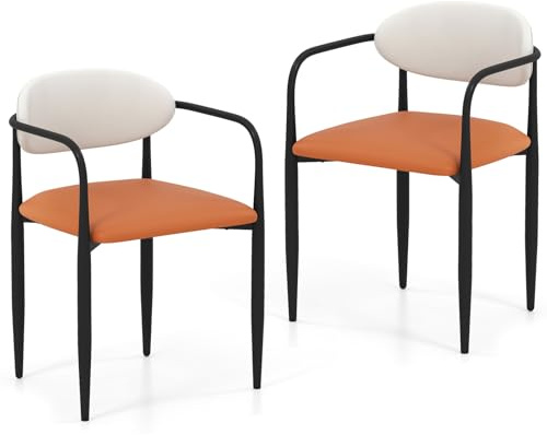 COSTWAY Dining Chairs Set of 2, Faux Leather Upholstered Kitchen Chairs with Curved Backrest, Armrest & Adjustable Foot Pads, Metal Frame Modern Side Accent Armchairs for Dining Room Living Room