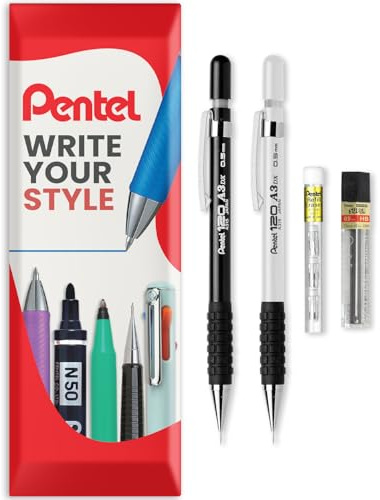 Pentel 120 Series Automatischer Druckbleistift A315 + 12 HB-Minen + Tube Radiergummi-Nachfüllminen – in Umschlag-Geschenkverpackung (Schwarz und Weiß, 0,5 mm)