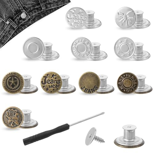 100 Pcs Jeans Buttons 17 mm No Sew Metal Buttons with Screwdriver Adjustable Jeans Buttons Replacement Waist Tightener Clips for Jackets Clothes Denim Skirt Clothing Repairing (10 Styles