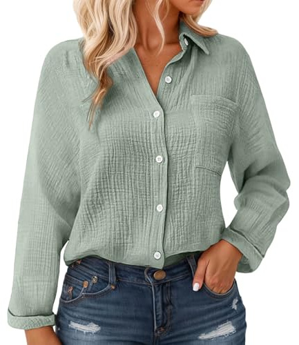 Chemisier en mousseline de coton pour femmes avec boutons - Manches longues, blouse texturée crinkle avec poche, coupe décontractée légère pour l'été et superposition, Vert, XL