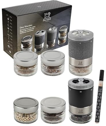 PEUGEOT - Set Maestro Pfeffermühle + Salzmühle - Mit austauschbaren Behälter - 3 Pfeffersorten & 3 Salzsorten inklusive - Zirlion-Mahlwerk - Französisches Know-how - PEFC Holz - Schwarz & Edelstahl