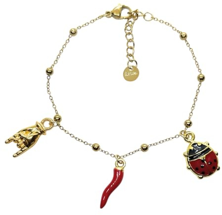 Bracciale Portafortuna Donna in Acciaio Color Argento e Oro Corno,Coccinella e Corna in Acciaio 316L (GOLD)
