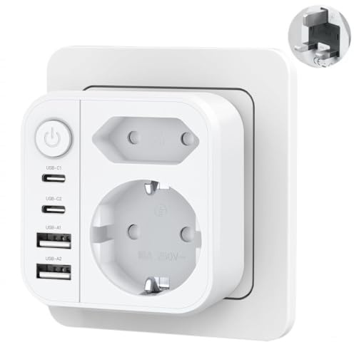 OUFUYU 6 in 1 Reiseadapter UK mit 2 USB 2 USB C, Typ G Steckdosenadapter | UK Auf EU, mit Netzschalter, passend für England, Großbritannien, Irland, Dubai, Malediven