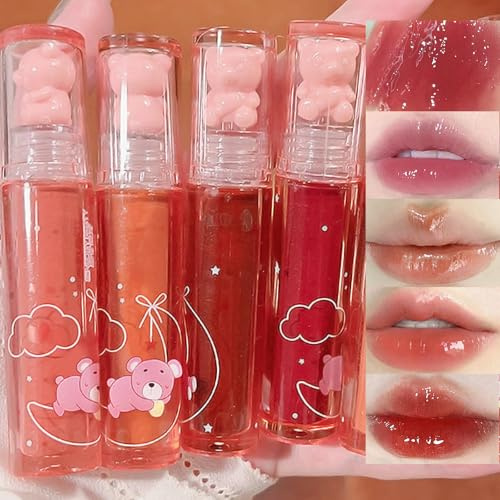 LuckNest 4 Colors Bear Lip Glaze Jelly Lip Gloss, Hydrating Liquid Lipstick Cute Bear Lipgloss Moisturizing Lip Stain Plumping Water Lip Gloss Waterproof Long Lasting Cheek Rouge Tint Makeup