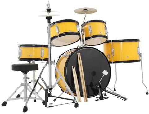 GarveeLife 5-Piece Junior Drum Kit for Kids, Complete Beginner Percussion Starter Set with Snare, Cymbals, Stool & Sticks (Yellow)
