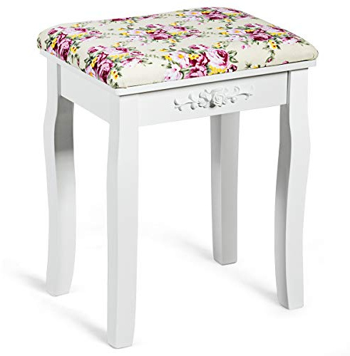 Giantex Vanity Stool Wood Dressing Padded Chair Makeup Piano Seat Make Up Bench w/Rose Cushion (White)