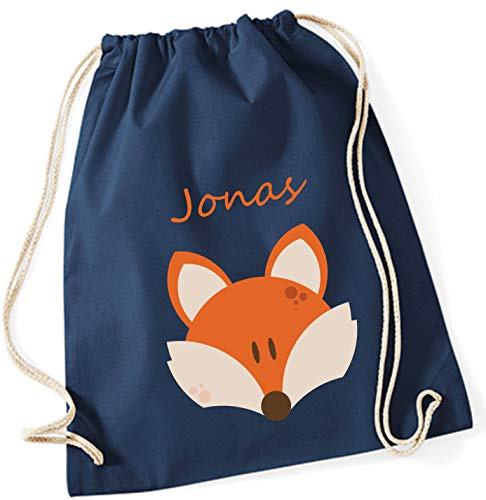 minimutz Turnbeutel mit Namen personalisiert & Bedruckt | Motiv Fuchs | Stoffbeutel Schuhbeutel Sportbeutel für Kinder Jungen & Mädchen | inkl. NAMENSDRUCK | blau orange Navy