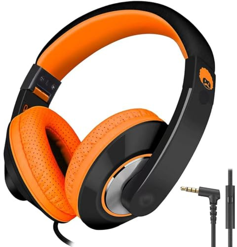 Rockpapa Comfort+ Kids Headphones, Over Ear Wired Headphones for Kids Children Adult with Microphone, Stereo Sound, Adjustable Head phones for School/Travel/Phone/PC/MP3-Black Orange