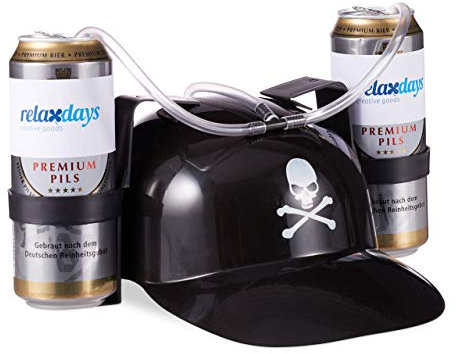 Relaxdays 4x Casques à Bière Pirate Casque à Boisson avec Tuyau 2 Canettes Casque Anti Soif Tête de Mort Fête Carnaval, Noir