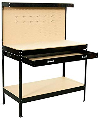 Grafter® GWB05, Garage Workbench Pegboard Heavy Duty Steel Workbench with Storage Drawer + Shelf, Garage Tool Box DIY Workshop Work Station - Black