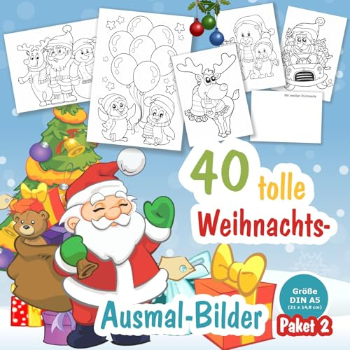 Ausmalbilder 40 Stück Weihnachtsmotive toll ausgefallen - Größe Din A5 | (Weihnachten Set 2)