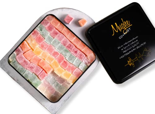 Mughe Gourmet Turkish Delight original, 1300g Caja de Delicias Turcas de Frutas en Lata Metálica Regalo, VEGANO sin Gluten