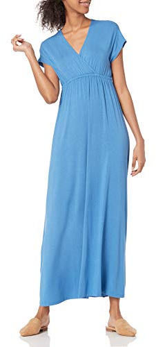 Amazon Essentials Women's V Neck Short Sleeve Waisted Maxi Dress (Available in Plus Size), Blue, X-Small