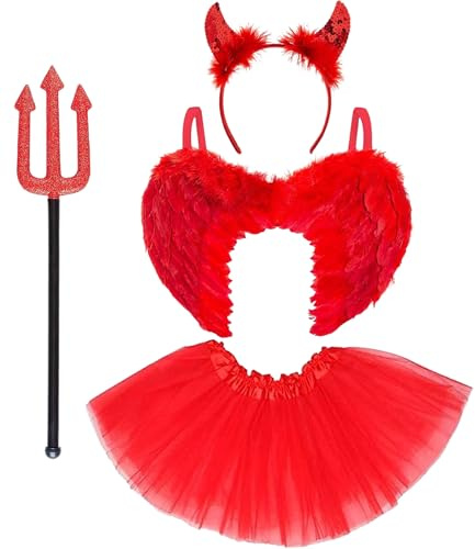 4pc Kids Devil Costume Accessories Includes; Red Feather Wings, Devil Horns Headband, Pitchfork Halloween Prop and Red Tutu Skirt - Fallen Angel Costume Girls Halloween Outfit Fancy Dress for Kids