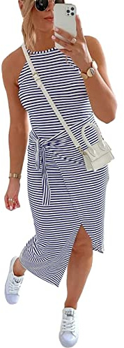 NOLLSOM - Vestido midi de verano a rayas sin mangas, cintura fruncida anudada, cuello halter, ceñido, informal, para mujer.