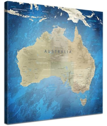 LANA KK - Premium Pinnwand Australienkarte - Meerestiefe - Englisch - in 70 x 70 cm, stabile Rückwand zum Pinnen inkl. Starterkit - Leinwand-Kunstdruck Wandbild Landkarte XXL