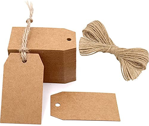 G2PLUS 200PCS Etiquetas de Papel Kraft 4x7CM - Etiquetas de Regalo Marrón Con Cuerda de Yute para Manualidades, Navidad, Cumpleaños