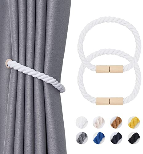 Pretty Jolly 2 Stück Magnetische Vorhang Raffhalter aus Holz, Boho, Heimdekoration, drapierte Raffhalter, handgefertigt, Baumwollseil, Vorhanghalter für Zuhause und Büro, Fenstervorhänge (Weiß)