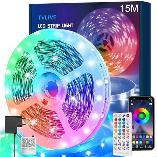 Luces Led, TVLIVE Tiras Led 15 Metros, Luces LED Habitación, Tiras Led RGB Control Remoto y App, 28 Estilos, Modo Musical Led Strip Light para Decoración Navidad Fiestas Cocina TV Casa