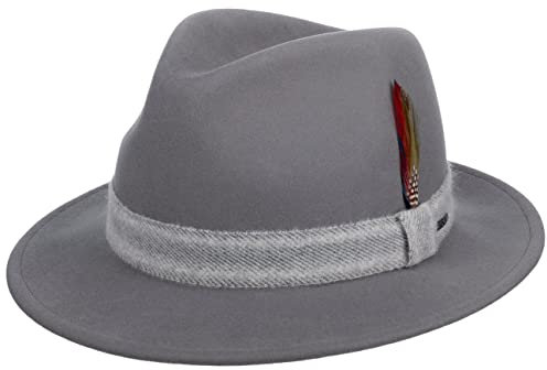 Stetson Bensona Wollfilzhut Kaschmir Unifarben mit Federn Traveller Eleganter Outdoorhut Damen Herren Herbst Winter grau M (56-57 cm)